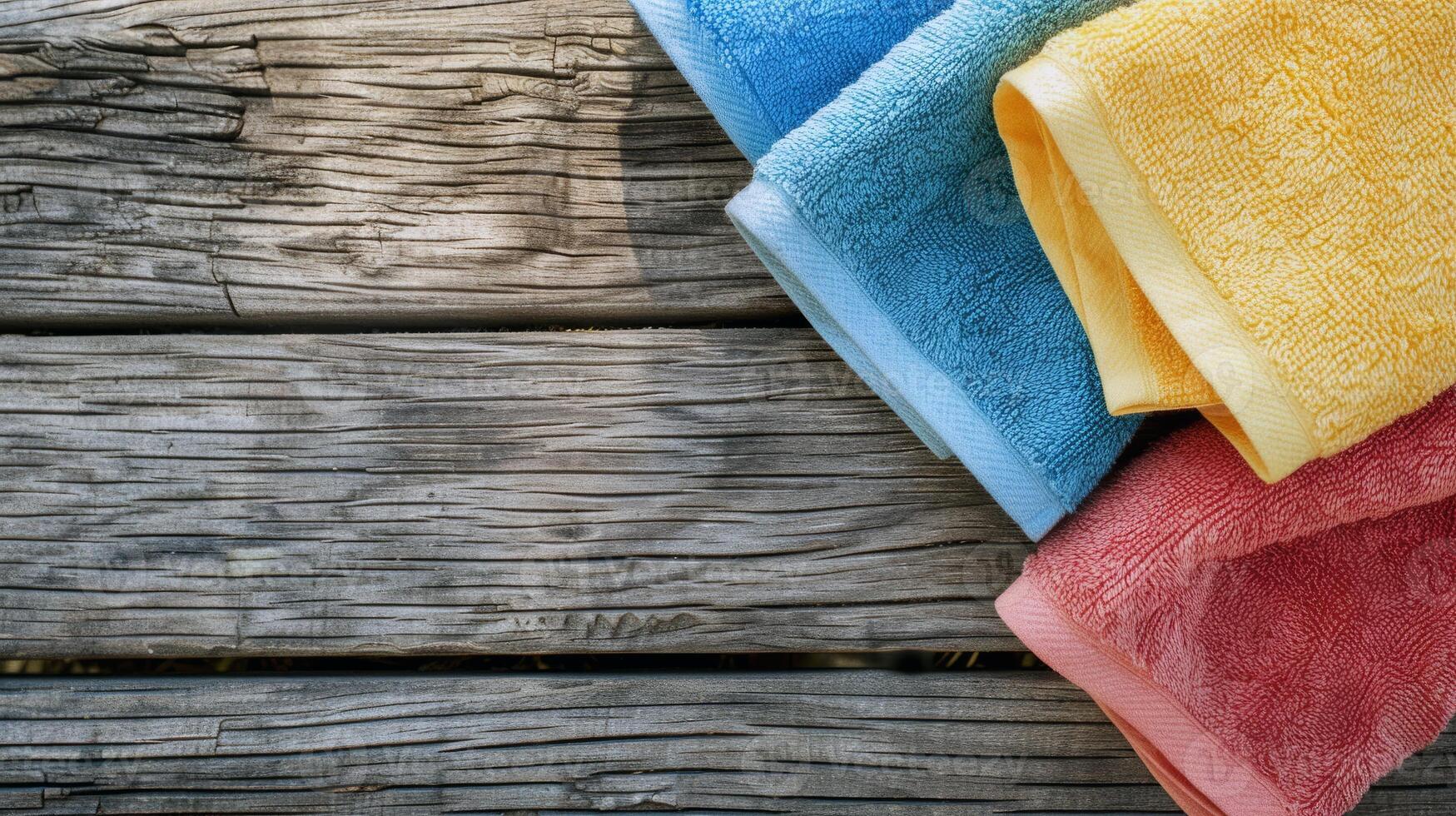 colorful beach towels neatly folded on plain wooden deck realistic photo composition with copy space