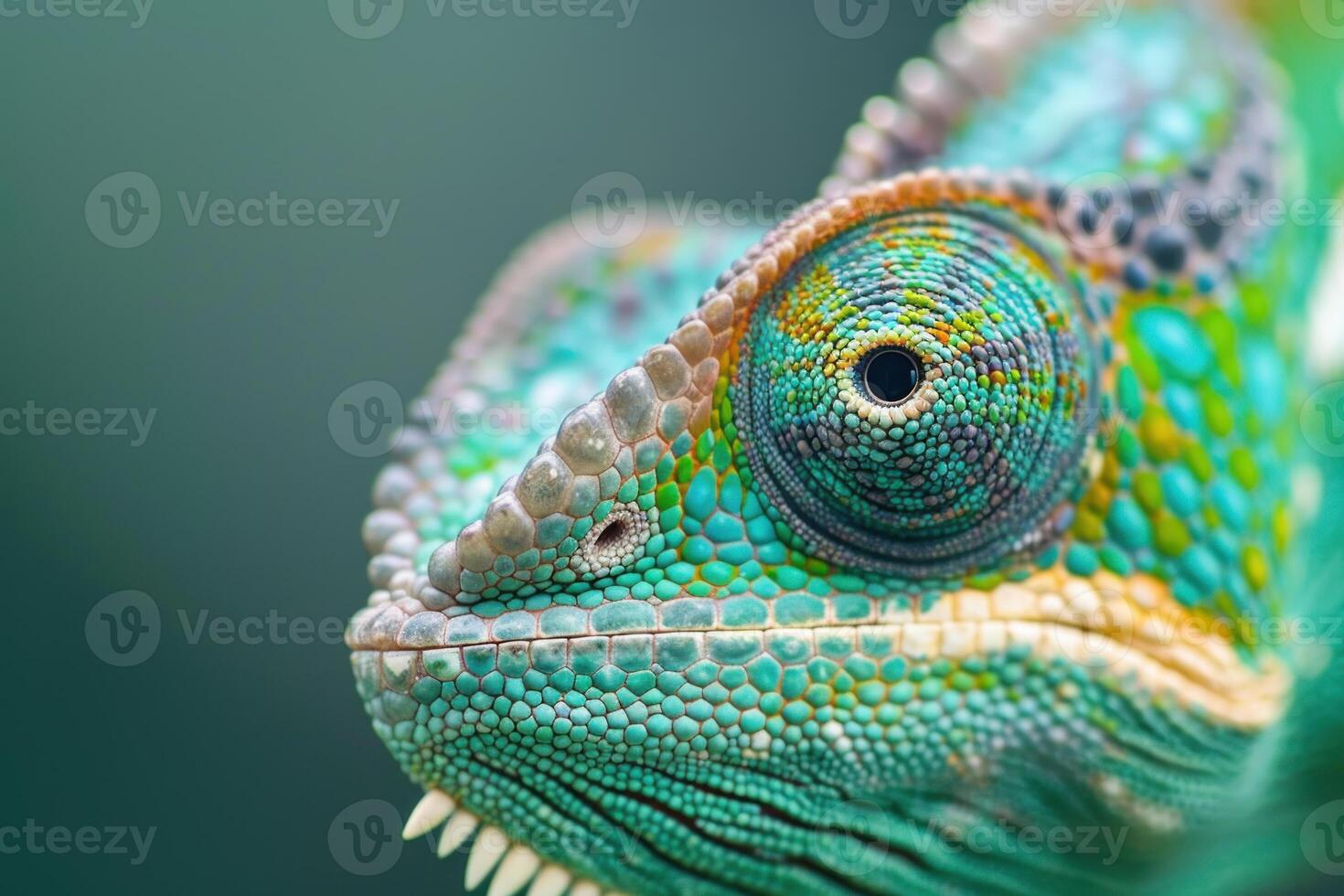 Chameleon showing off vibrant scales and intricate eye detail photo