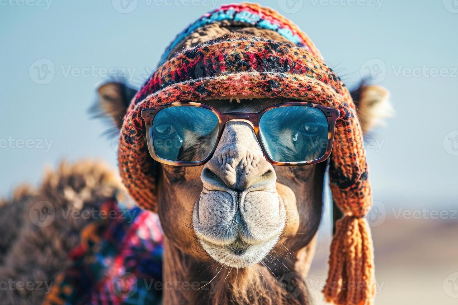 Camel wearing sunglasses and knit hat posing for camera photo