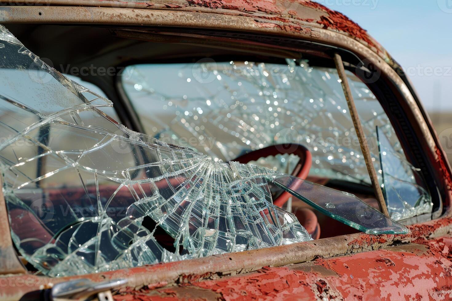 Broken windshield on old rusty abandoned car showing steering wheel photo