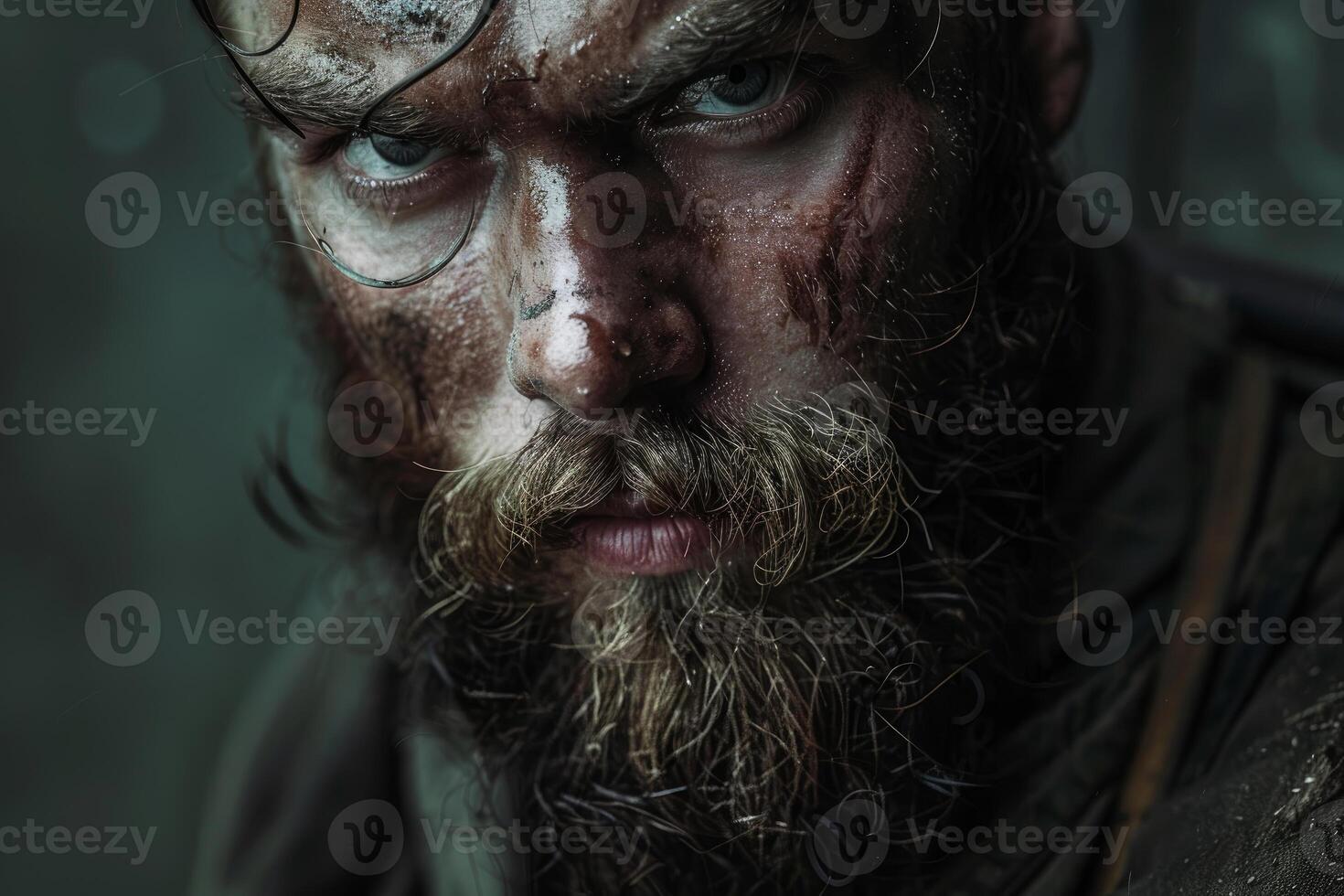 Soldier with scars and blood on face showing determination photo