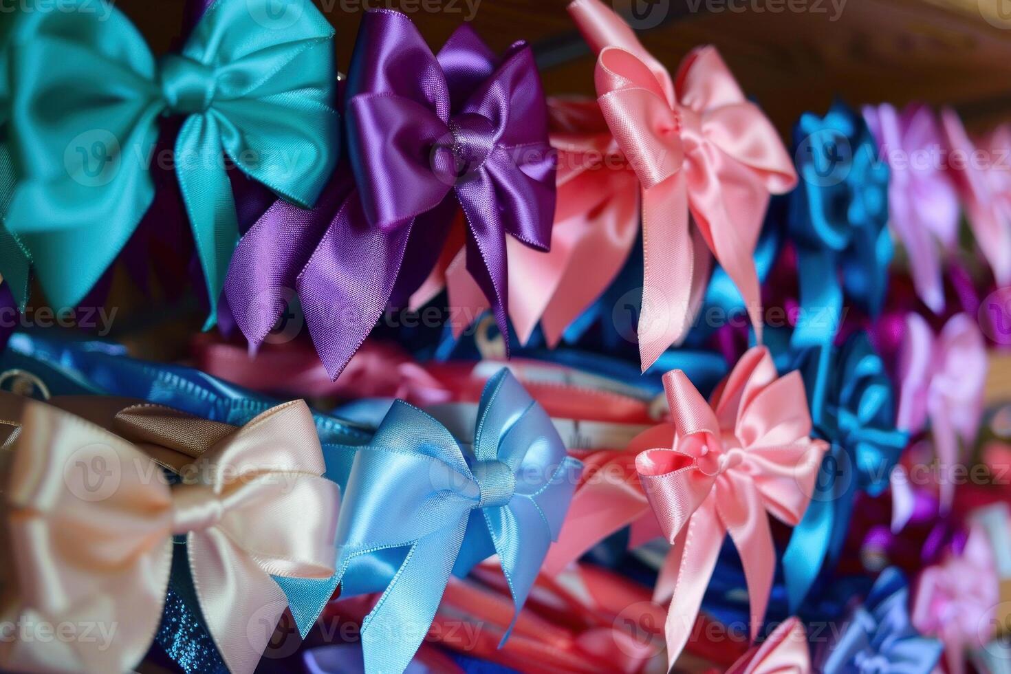 Colorful satin bows hanging in a row displayed in a craft store photo