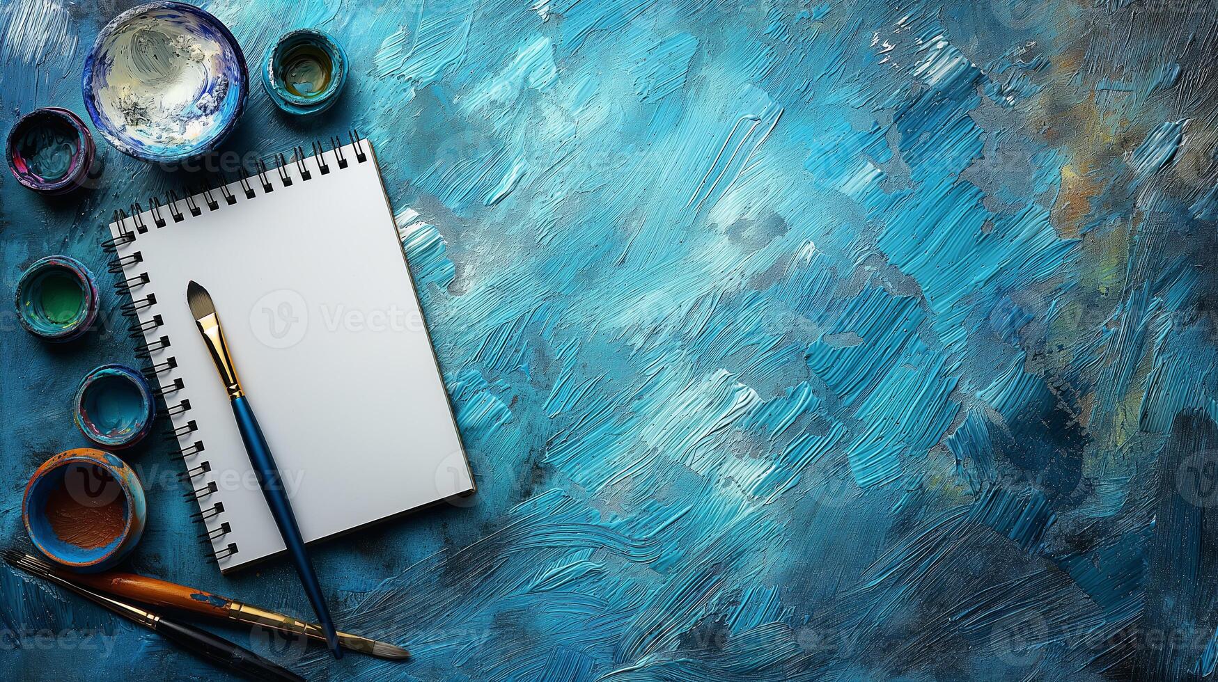 Top view of art supplies with blank sketchbook mockup. Concept of creativity and hobbies photo
