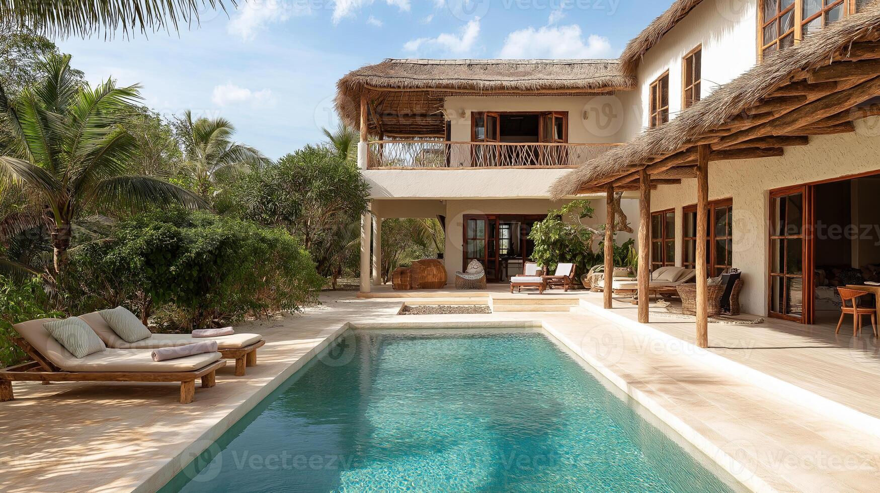 Luxury beach villa with modern swimming pool in tropical resort. Nobody inside photo