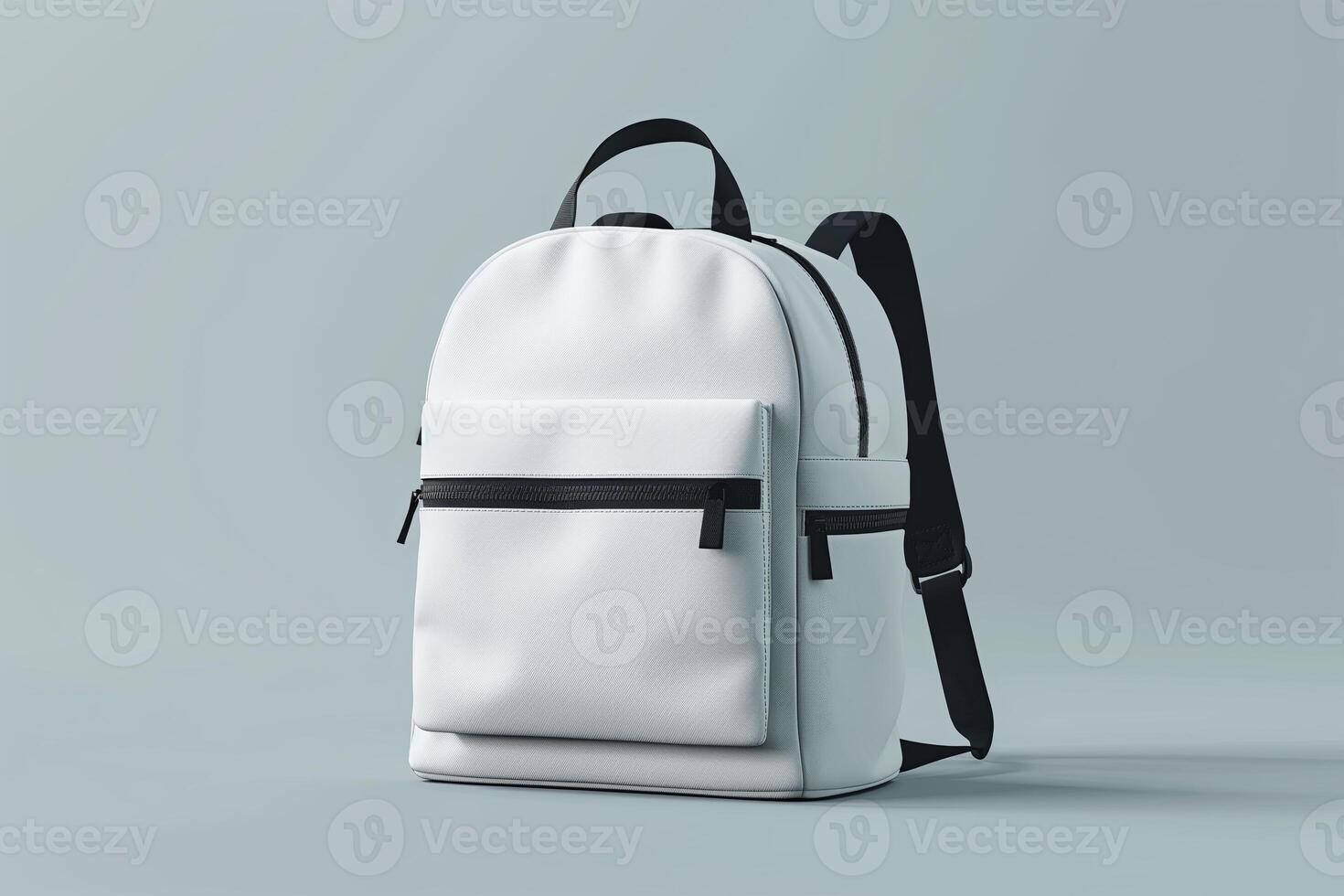 White backpack on a grey background. Back to school concept. Copy space. photo