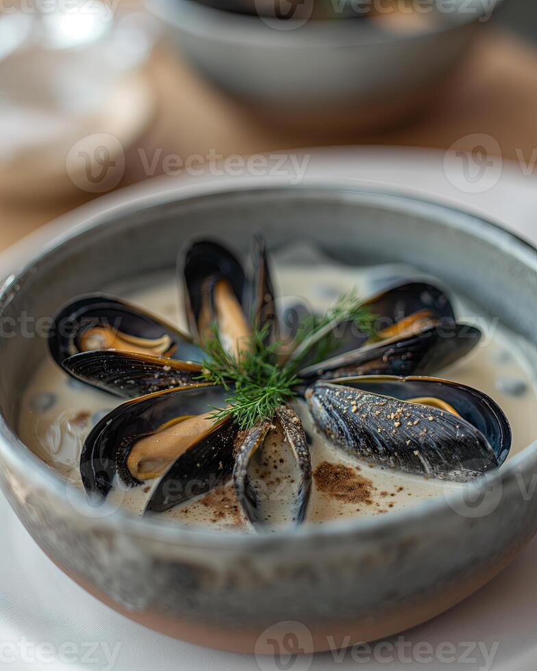 Delicious mussels soup with cream and dill in ceramic bowl photo