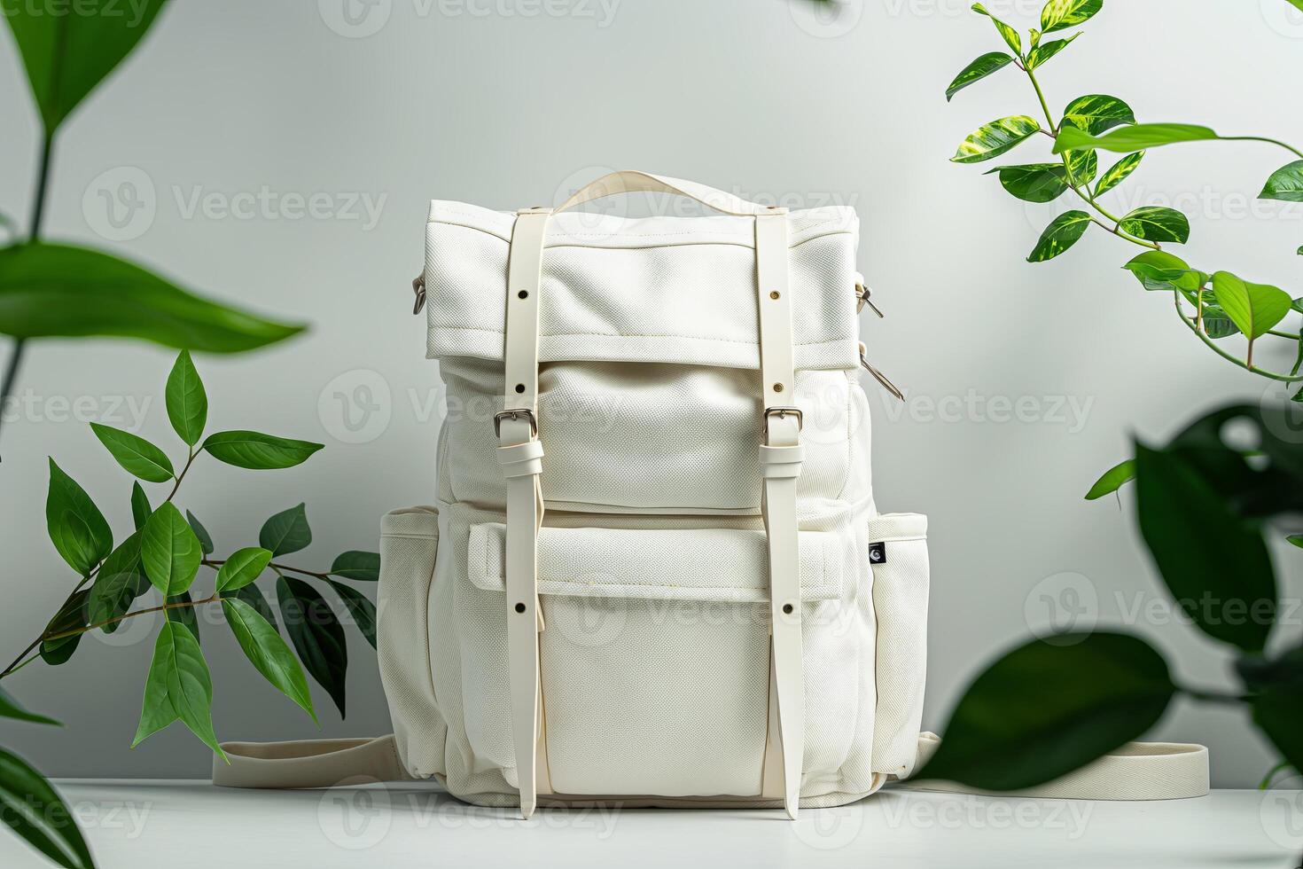 White backpack on a grey background with leaves. Back to school. Copy space. photo