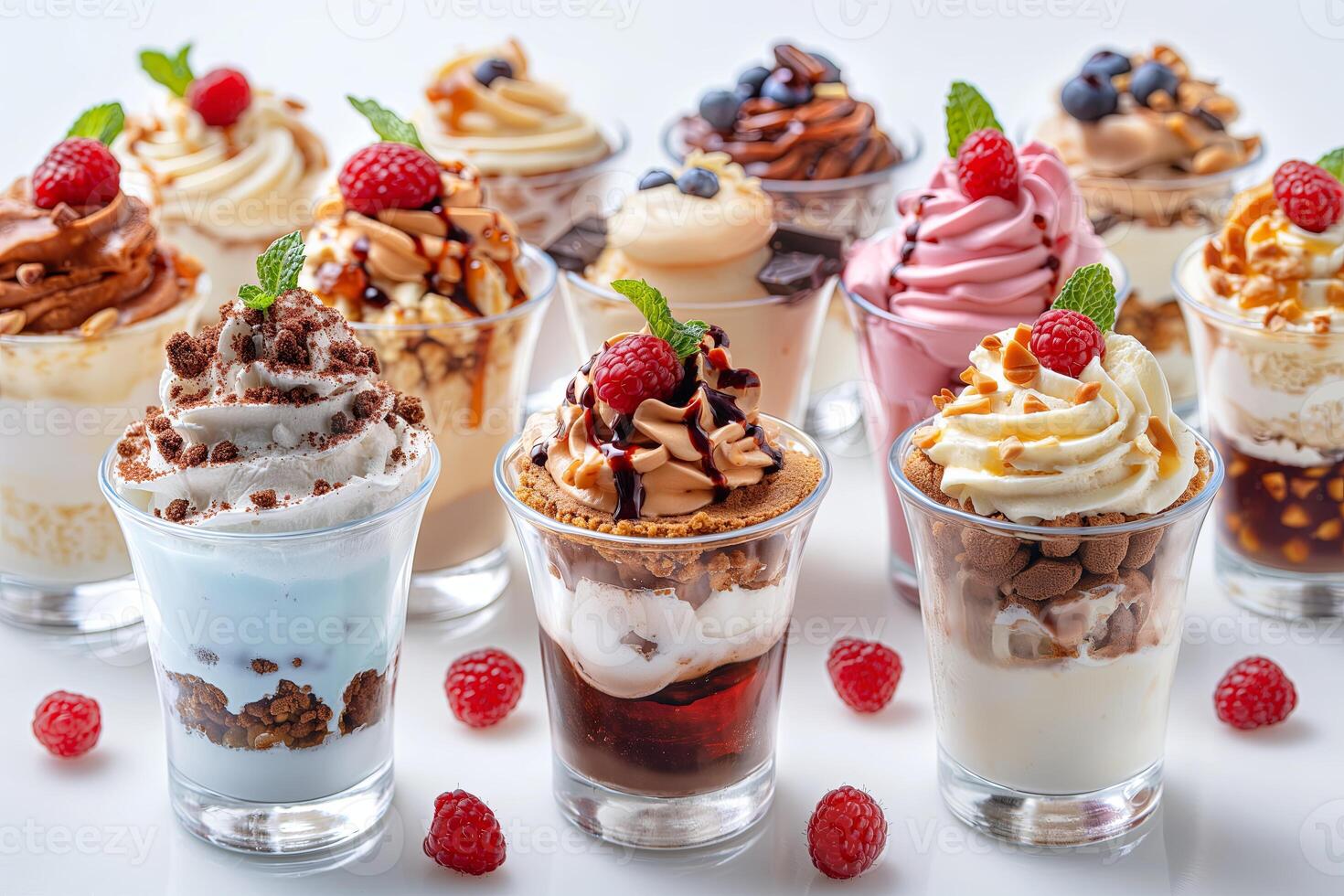 Assortment of sundae desserts in tulip glass cups, showcasing a variety of flavors and toppings photo