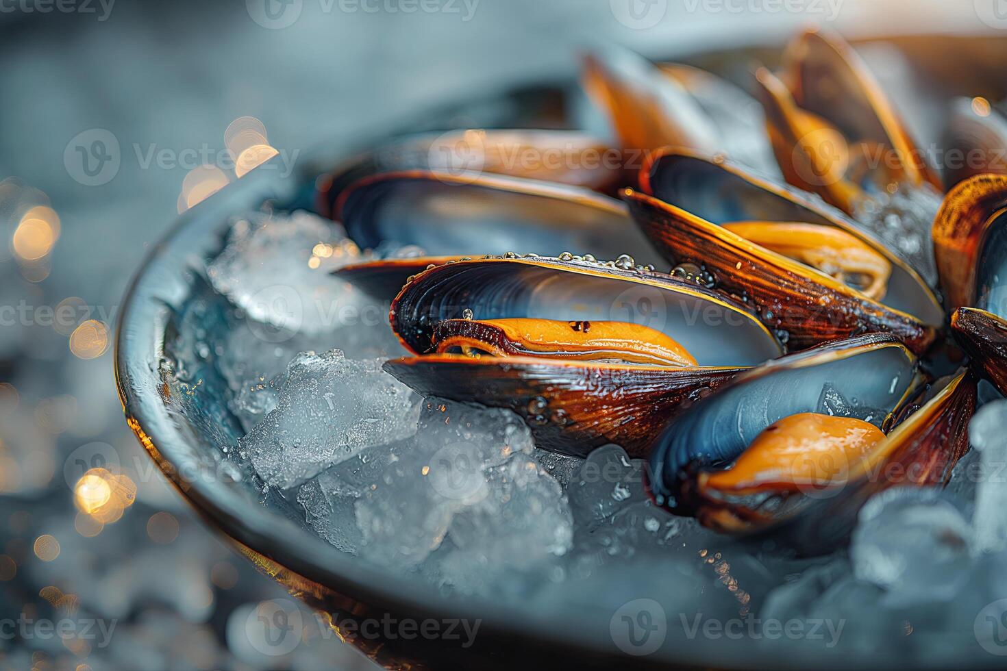 Mussels on ice with water drops. Shallow depth of field photo