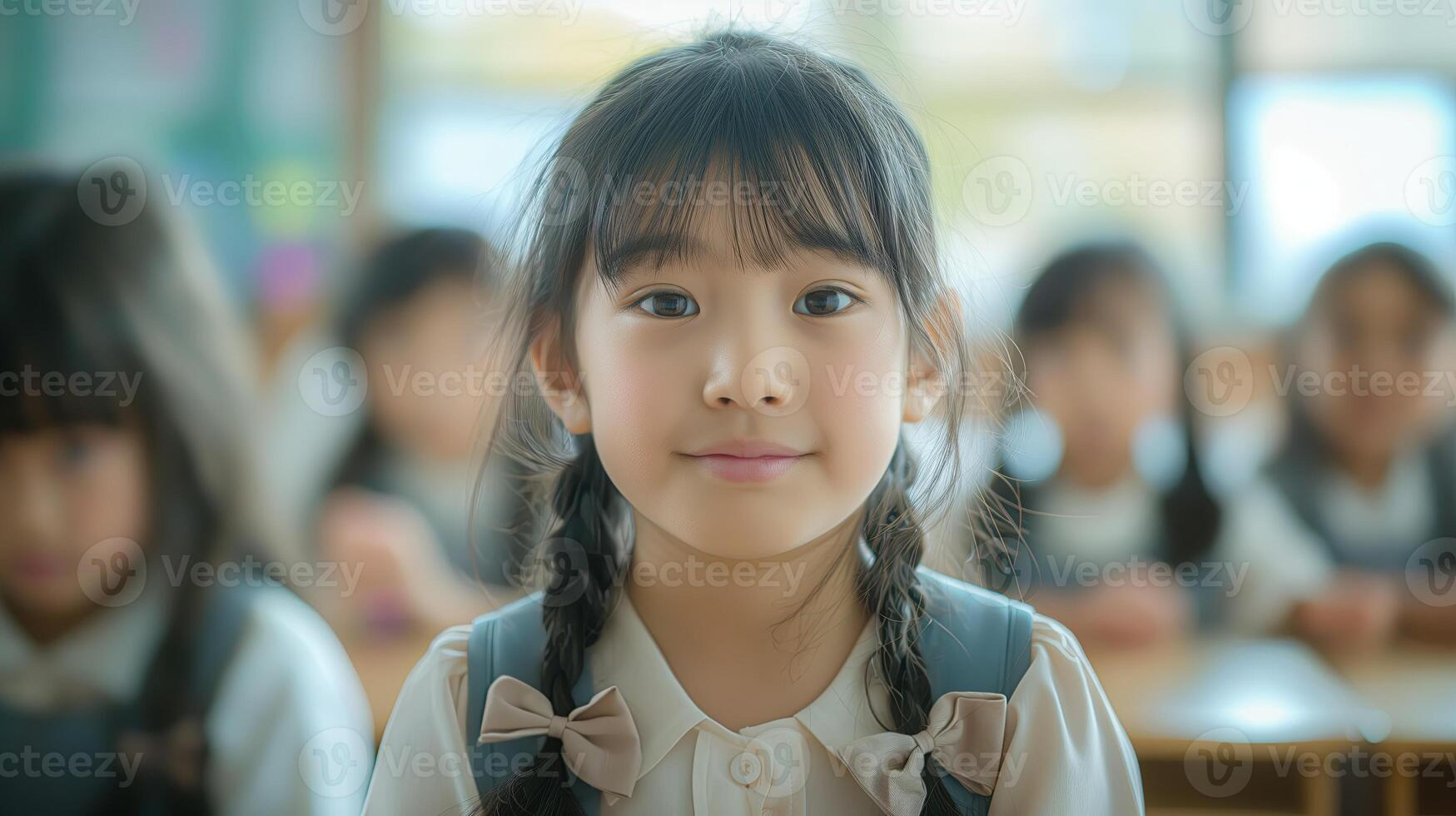 Portrait of little asian girl sitting in classroom. Education concept. photo