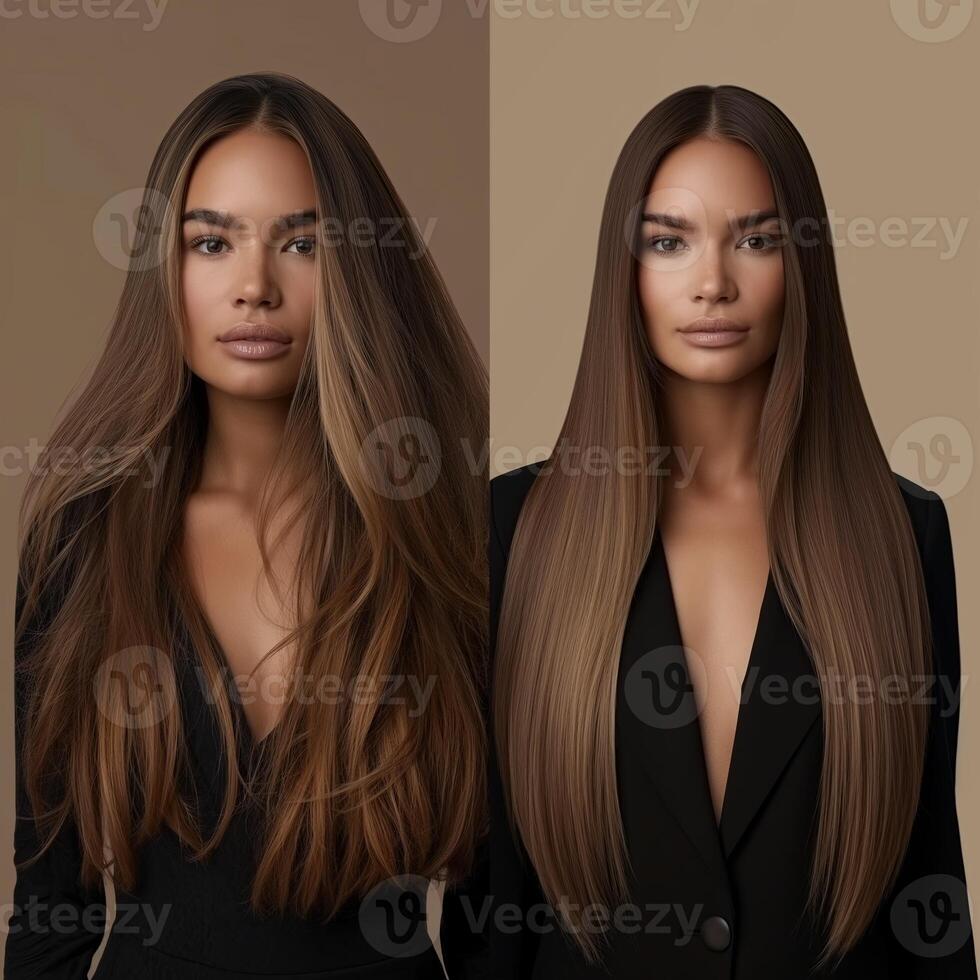 Portrait of a beautiful woman before and after hair straightening photo