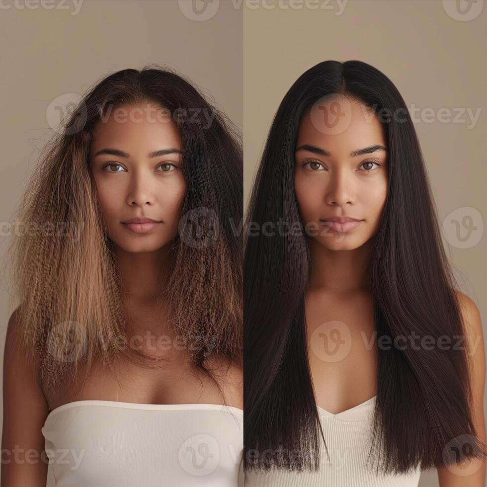 Portrait of a beautiful woman before and after hair straightening photo