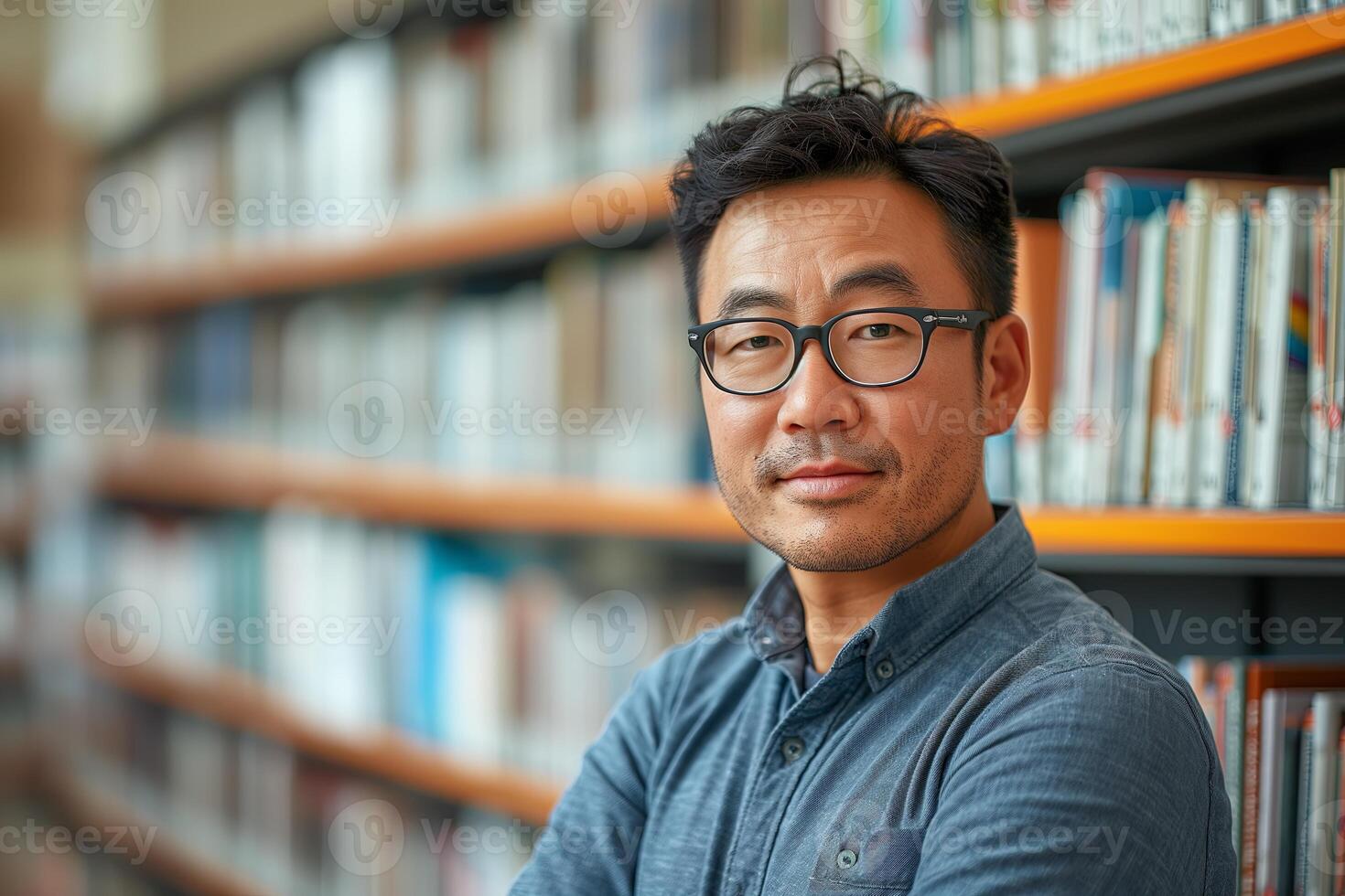 The photo of an Asian man in his 40s working as a university professor