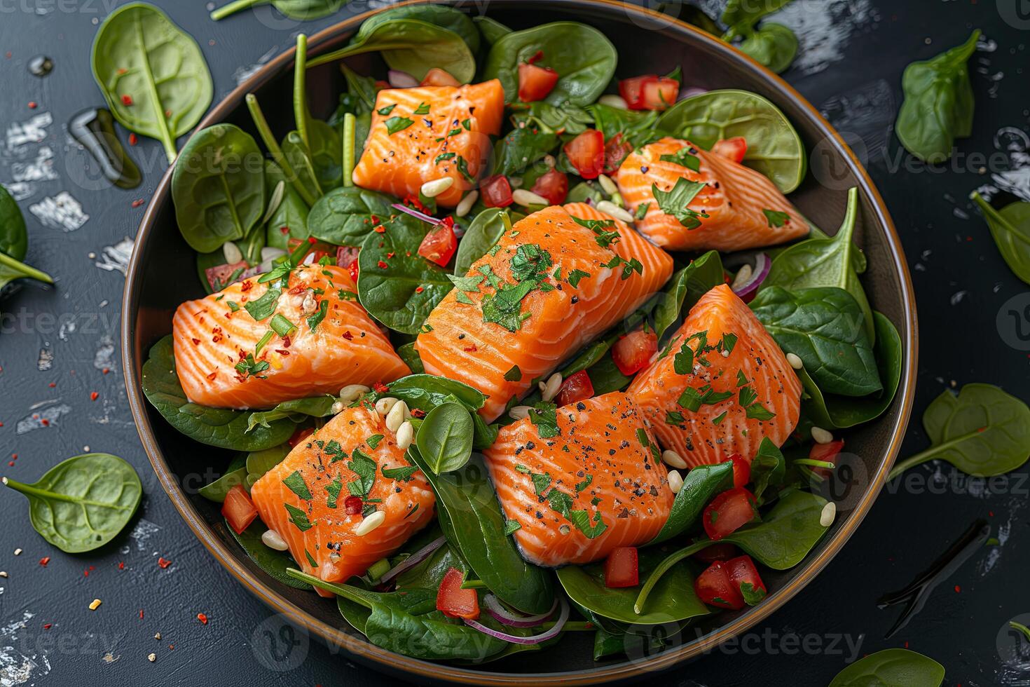 Salad in a black plate of salmon, spinach, on a black background photo
