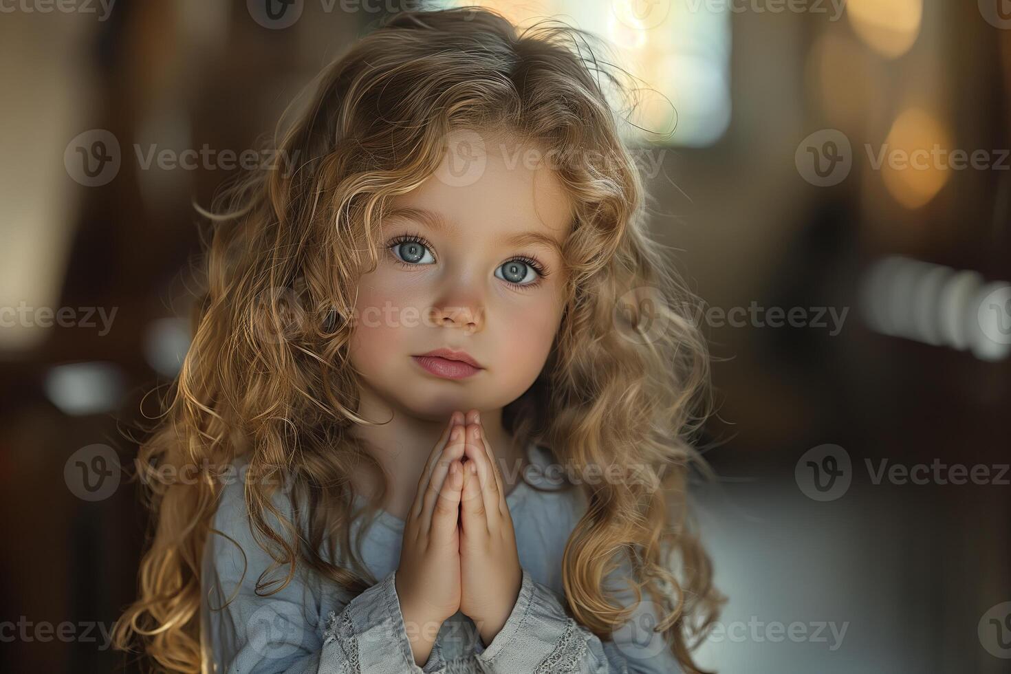 A little girl with curly hair, wearing gray and praying in the church with hands clasped together photo