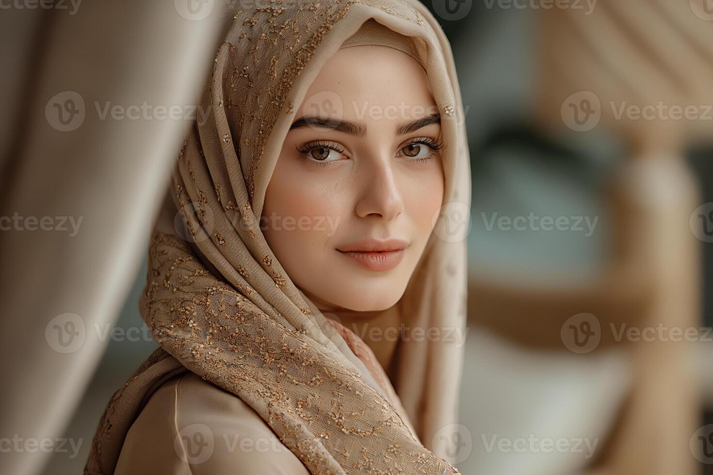 woman in hijab and abaya on beige background. muslim modest fashion wear shoot photo