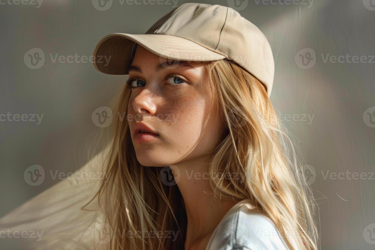 Young blonde woman with freckles wearing a beige cap is posing in the sun photo