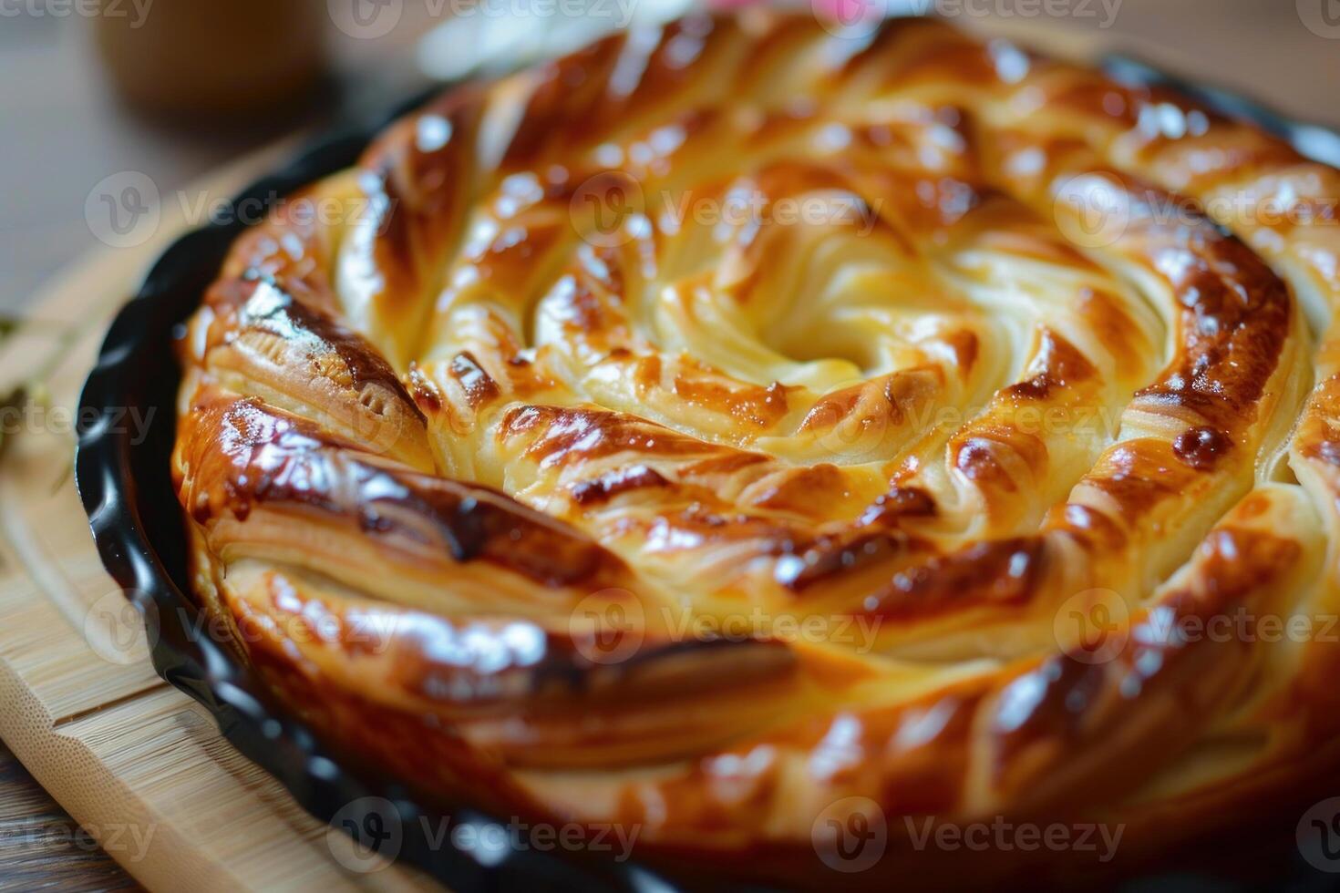 Delicious golden brown pie fresh from oven photo