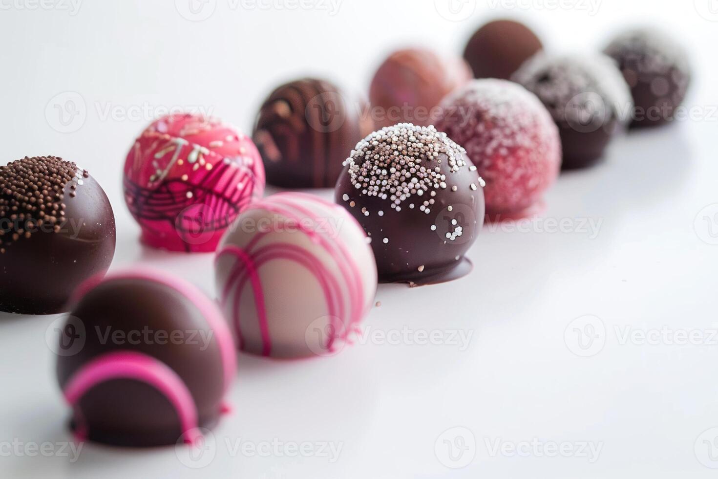 Delicious round chocolate candy truffles coated in sprinkles and designs photo