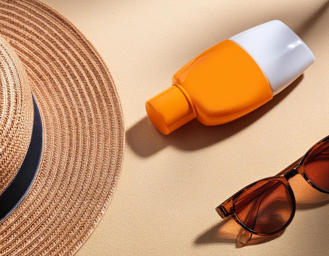 Sunglasses with sunblock and summer hat at the beach, vacation concept, flat lay photo