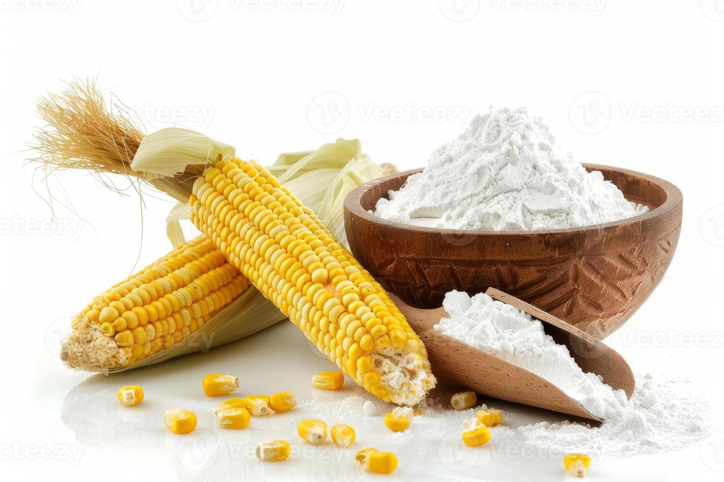 Corn starch powder in wooden bowl with scoop and corn cobs on white photo