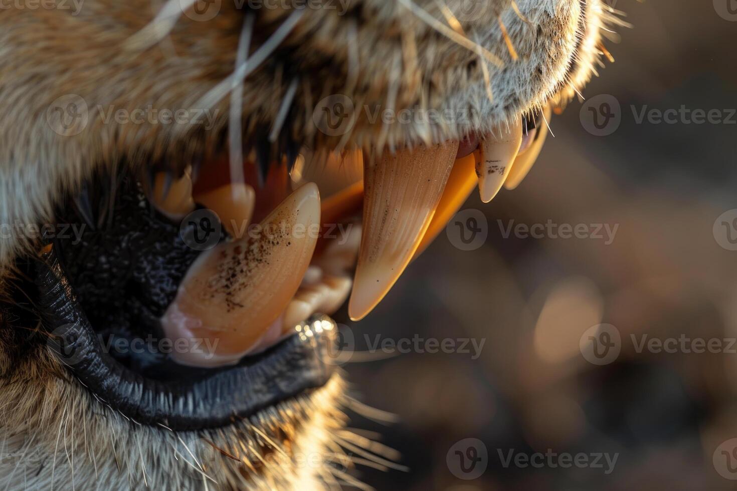 Lion showing teeth baring powerful fangs photo