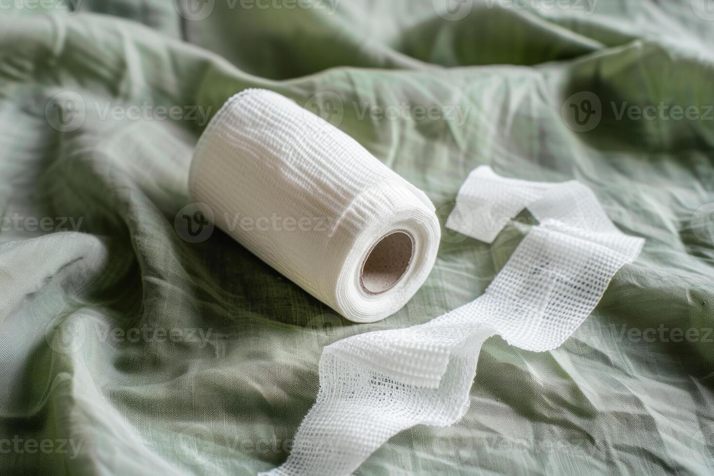 Medical bandage roll on green fabric photo