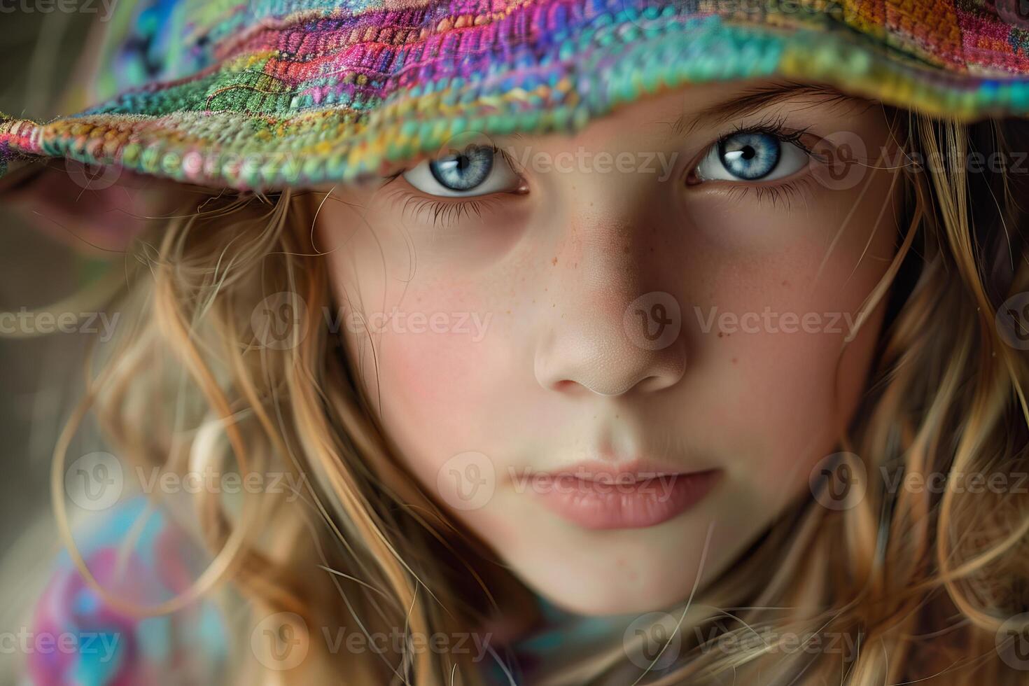 Portrait of young girl with blue eyes wearing colorful hat posing with serious expression photo
