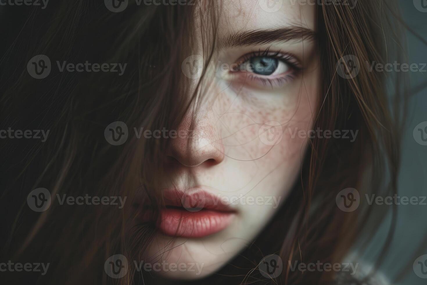 Intense gaze - close-up portrait of a woman with freckles photo