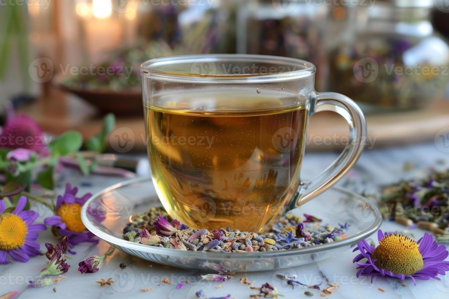 Herbal tea in glass cup with natural ingredients photo