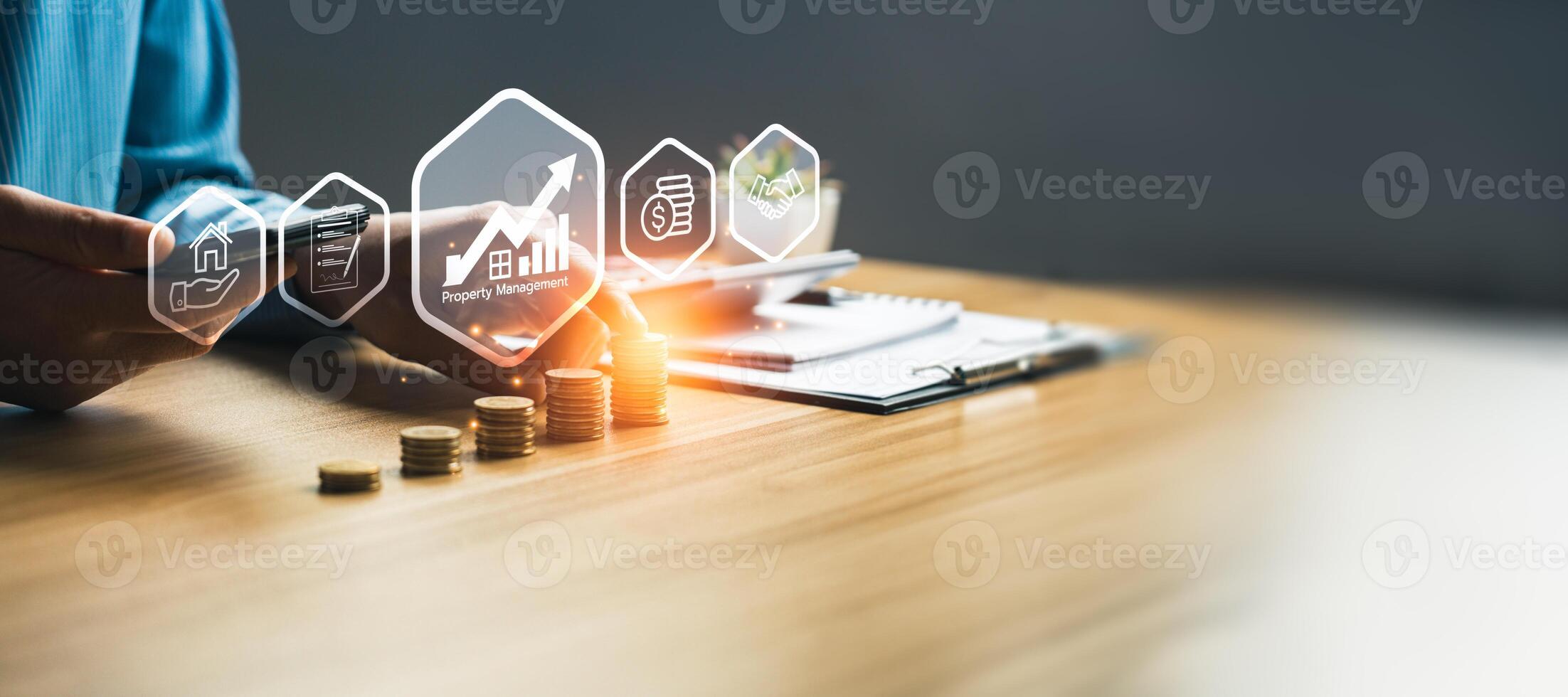 Property management and real estate investment and financial growth. Businessman using digital technology and online tools for real estate analysis, Profitable real estate investment strategies photo