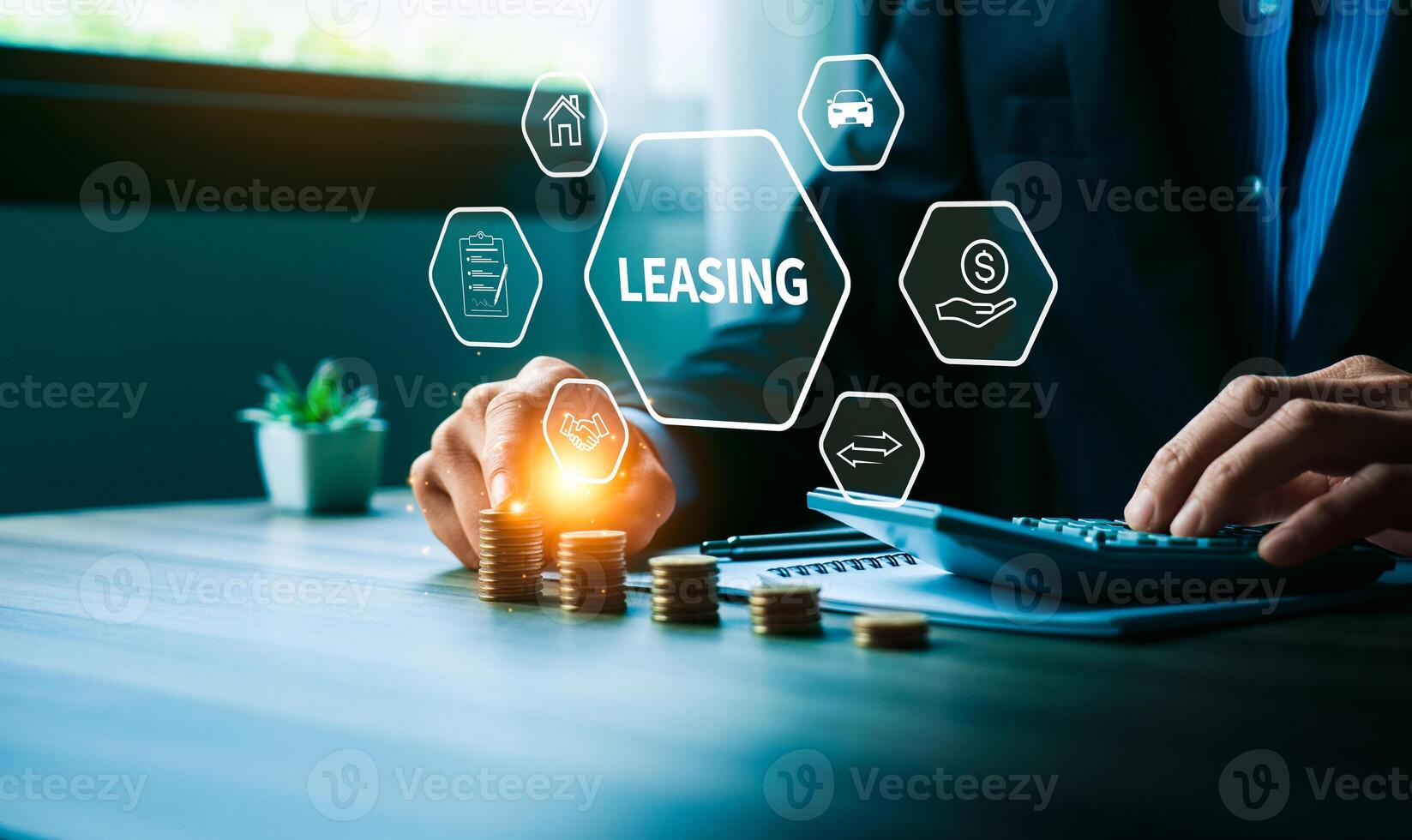 Businessman Using Digital Interface to Analyze Leasing Options and Financial Agreements for Property and Vehicles, Featuring Icons for Finance, Contract Management, and Investment Planning photo