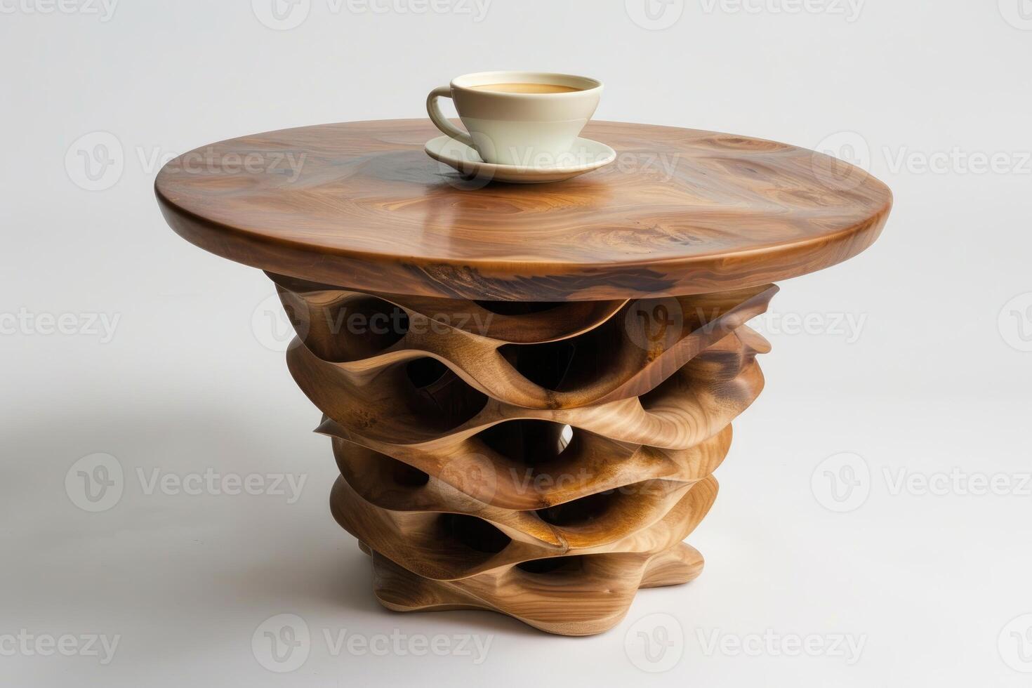 Modern wooden coffee table with ceramic cup photo