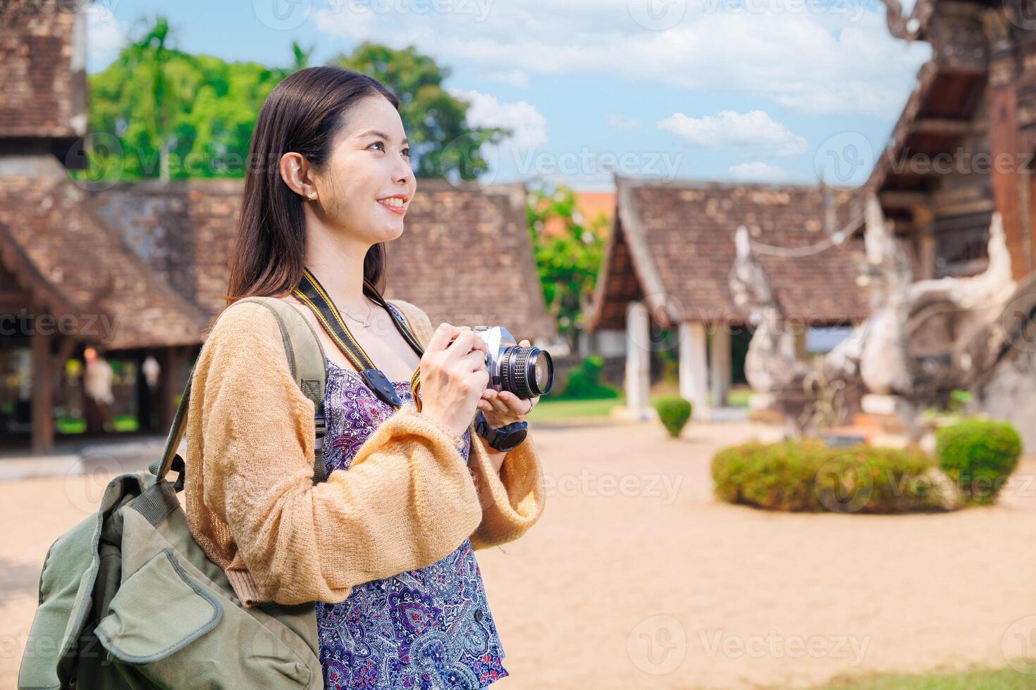 Wat Ton Kwen, Beautiful Asian female Photographer Travel Temple in Chiangmai Province Northern of Thailand. photo
