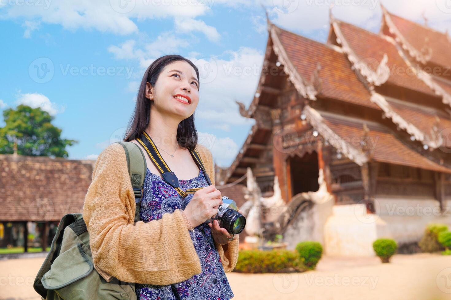 Wat Ton Kwen, Beautiful Asian female Photographer Travel Temple in Chiangmai Province Northern of Thailand. photo