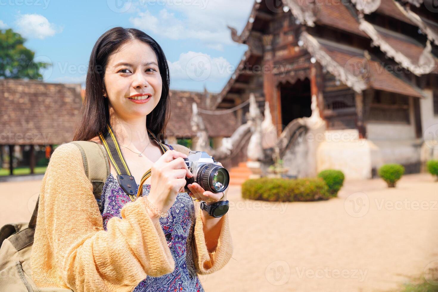 Wat Ton Kwen, Beautiful Asian female Photographer Travel Temple in Chiangmai Province Northern of Thailand. photo
