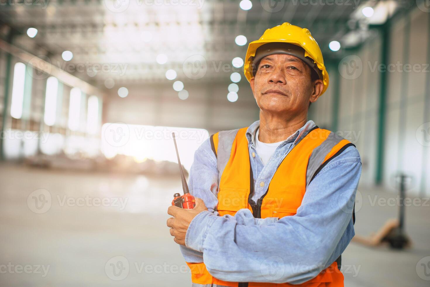 Portrait smart asian engineer worker male, Adult forman factory manager standing confident successful people photo