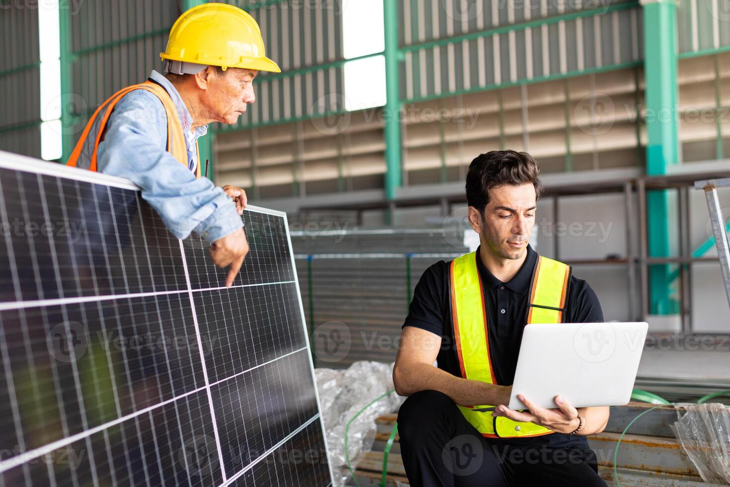 engineer team working check testing solar panel process before sand to customer for setup install photo