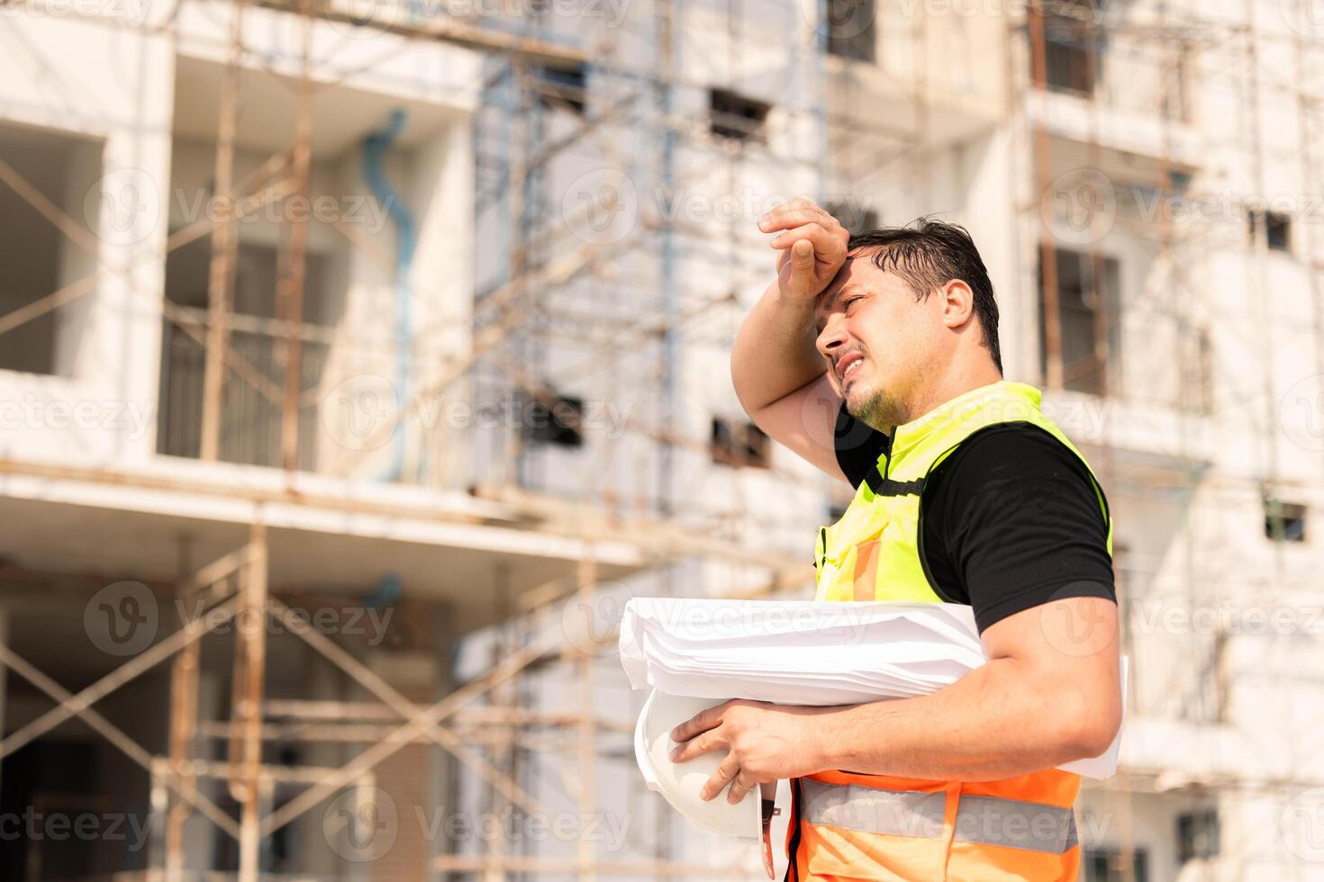 Tired Sweating Construction Worker On Building Site Under Sunlight photo