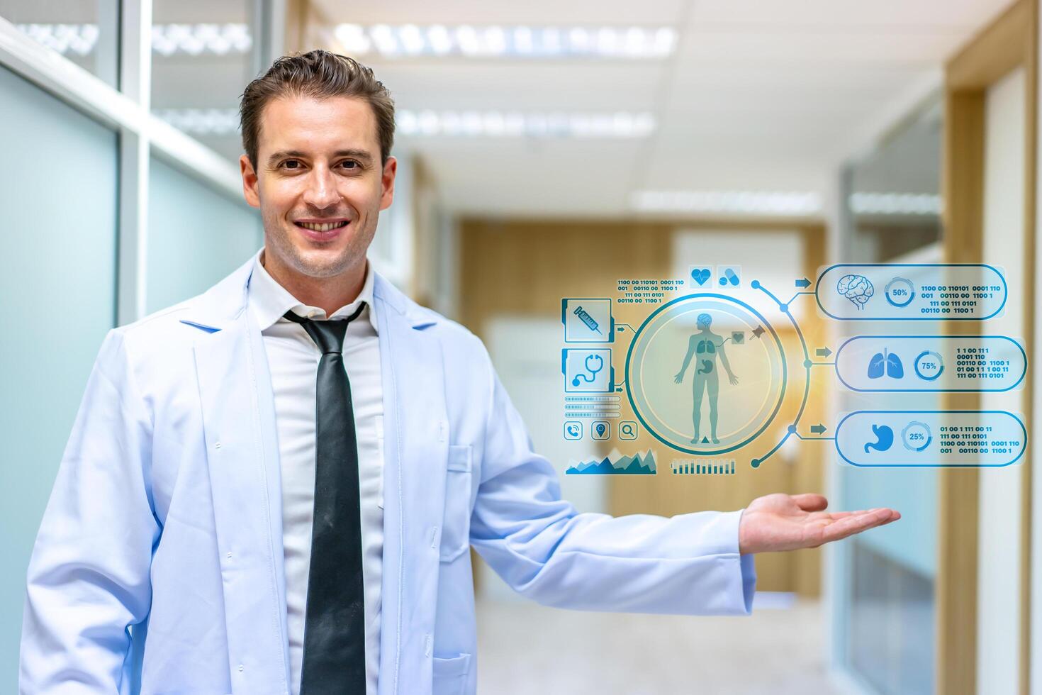 Doctor shows digital healthcare and network connection on hologram interface icons, Brain Analysis, DNA, medical technology and futuristic concept, The concept of treatment from disease photo