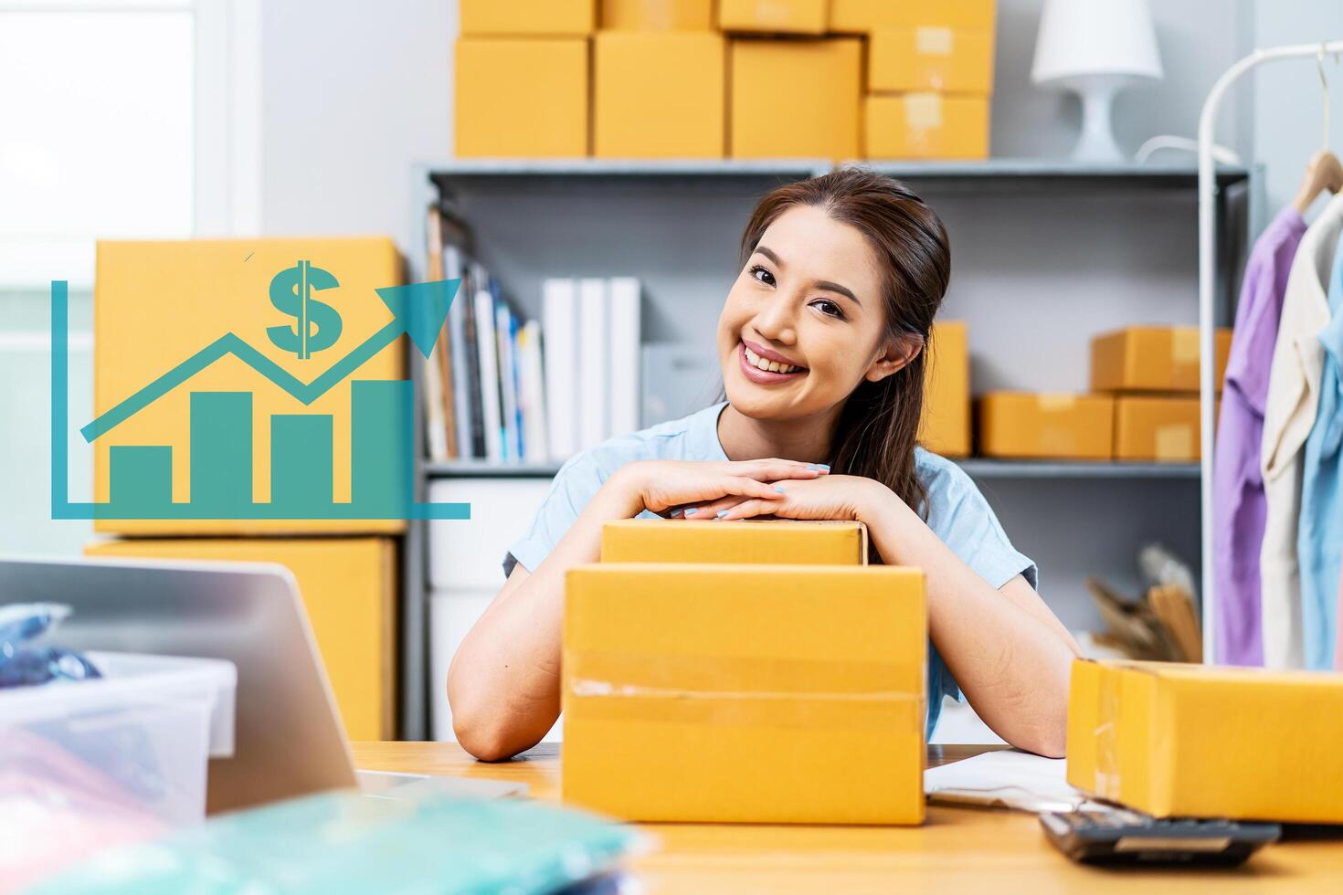 Portrait young attractive asia female owner startup business look at camera work happy with carton box at home prepare delivery to customers, procurement, omnichannel ecommerce online concept photo