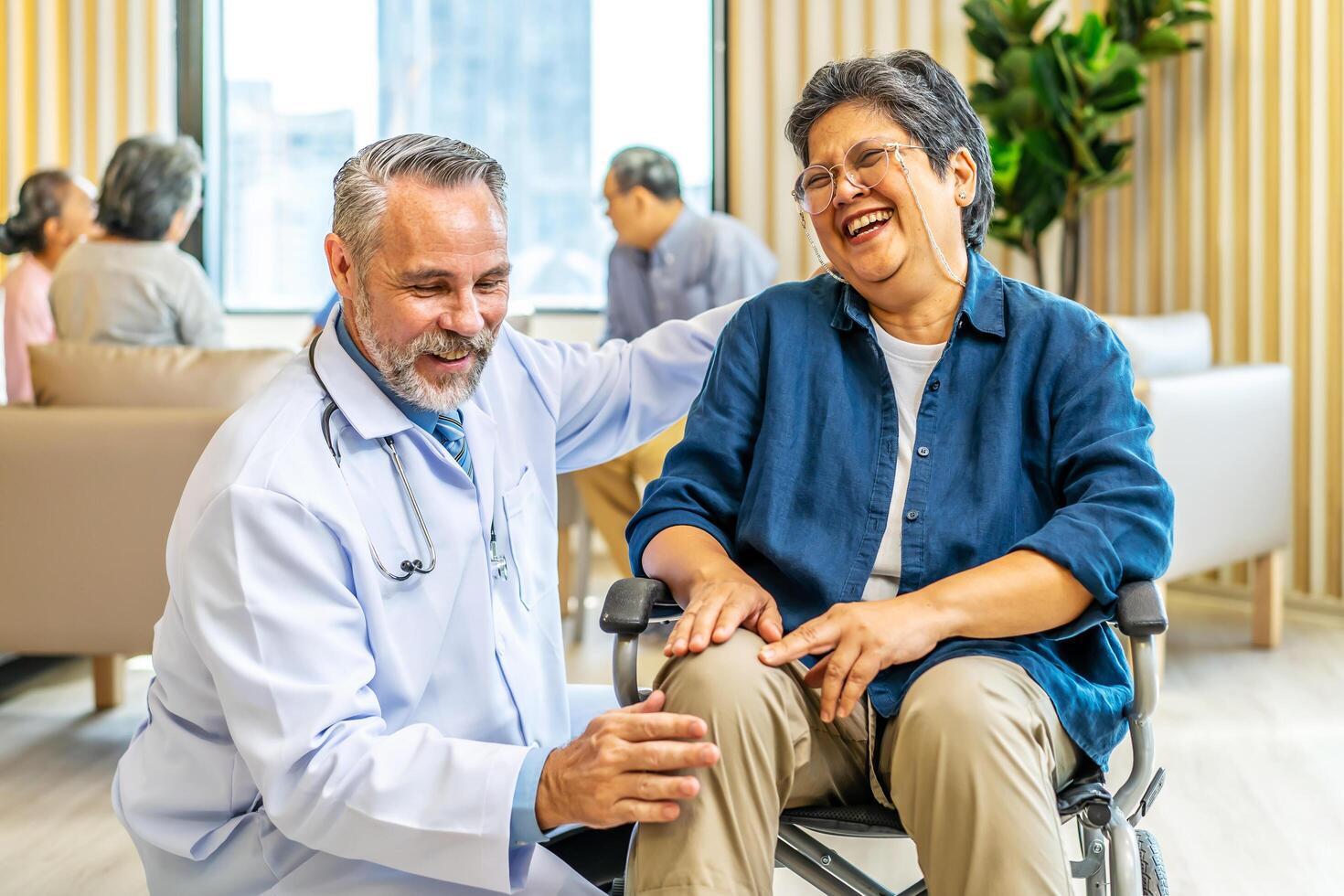 Orthopedist examines the knee of elderly patient to collect information for physical therapy treated. Doctor touch knee pain area of Old woman legs talking about knee pain symptom. photo