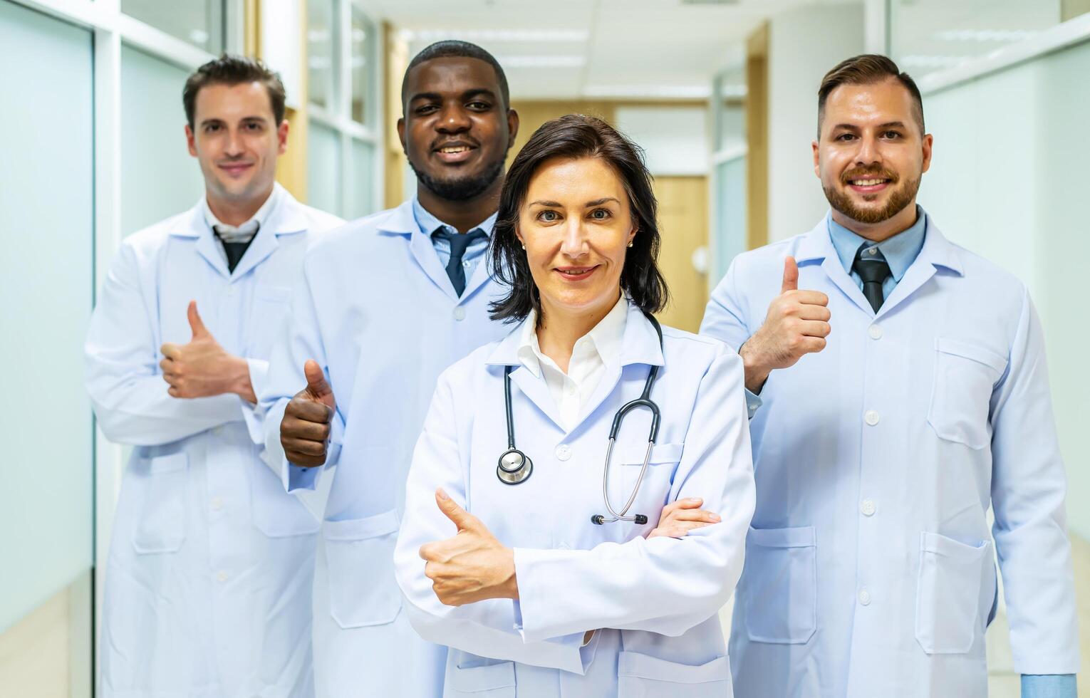 Portrait of successful team of medical doctors are looking at camera and smiling while standing in hospital photo