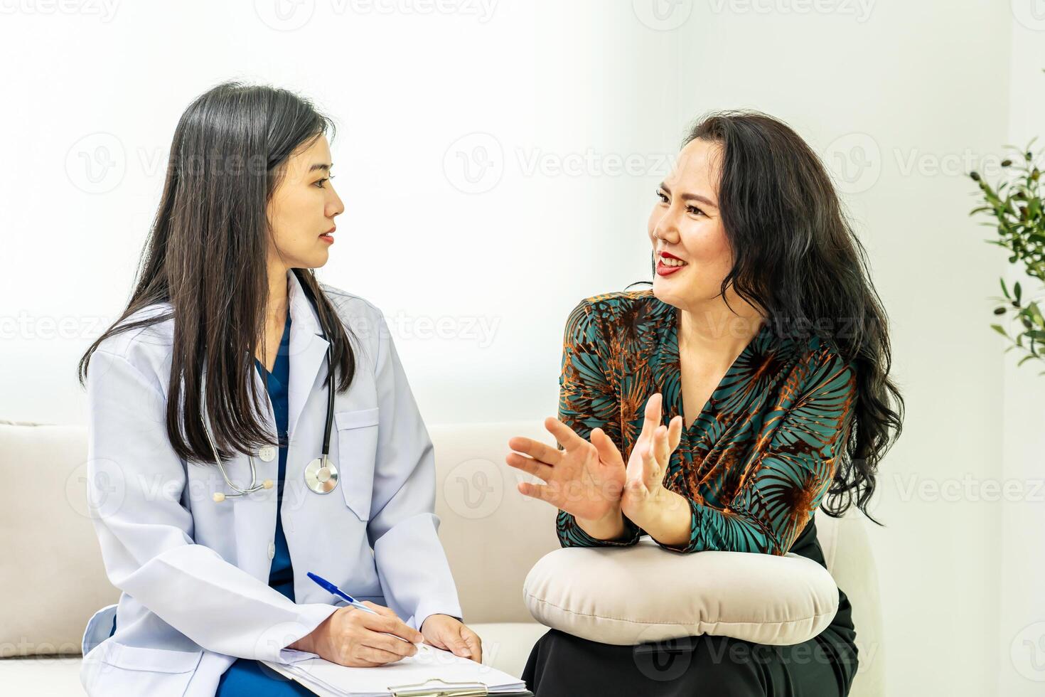 Woman visits young cosmetologist doctor. The doctor consults with the patient, listening to recommendations about skin care, Steps to perfection, The patient at the reception at the beautician photo
