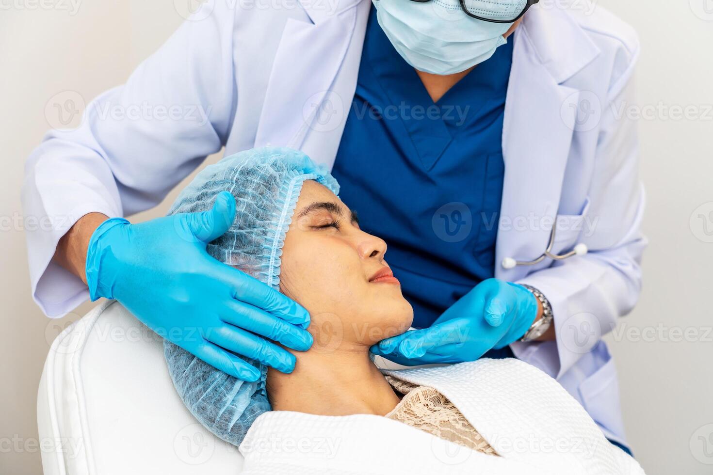 Cosmetic Surgeon Examines Beautiful Woman's Face, Touches it with Gloved Hands, Inspecting Wrinkles for Future Facelift Surgery, Face skin check before plastic surgery, Doctor checks a skin photo
