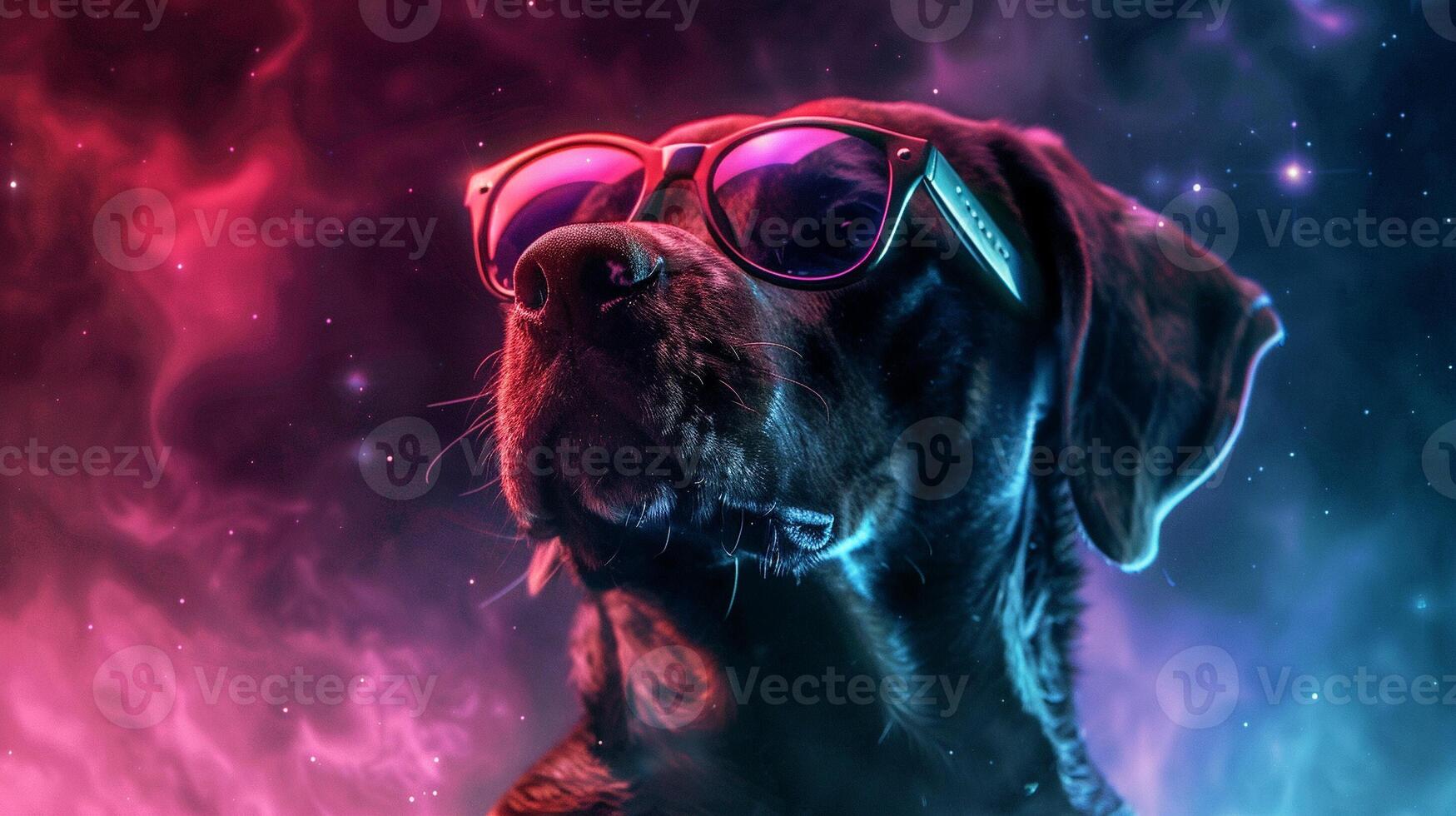 dog with sunglasses under neon lights against a dark, space-like background, cute cool dog photo