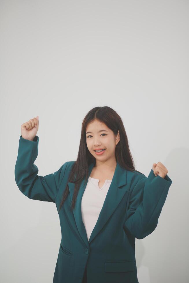 Business, finance and employment, female successful entrepreneurs concept. Friendly smiling office manager greeting new coworker. Businesswoman welcome clients with hand wave, hold laptop photo