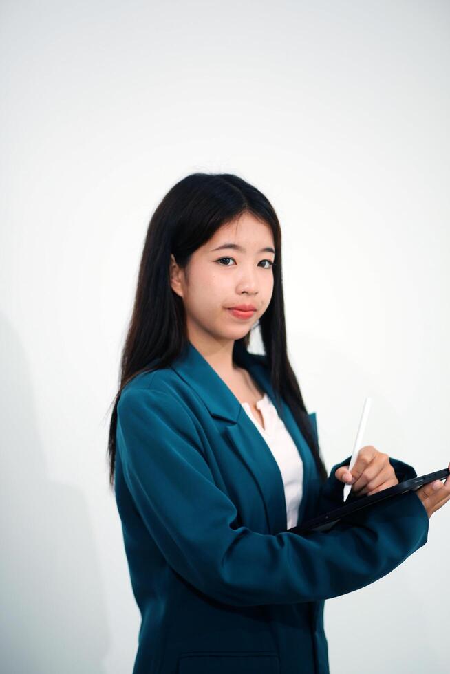 Business, finance and employment, female successful entrepreneurs concept. Friendly smiling office manager greeting new coworker. Businesswoman welcome clients with hand wave, hold laptop photo