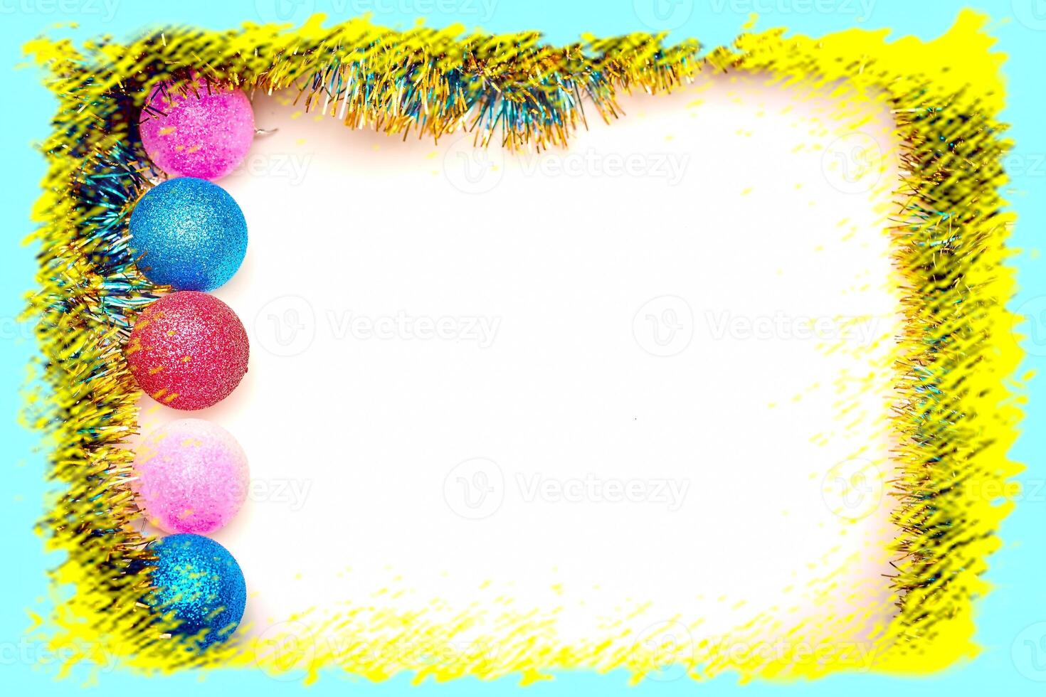 New Year's Christmas card backdrop with toys, balls, garlands, tree snowy rain photo