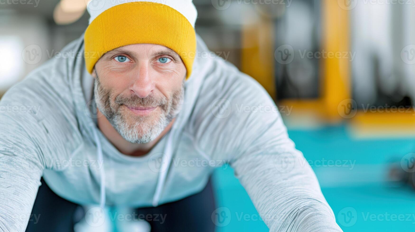 Middle-aged man in casual sportswear and beanie smiling, exercising on mat in modern gym with turquoise flooring and fitness equipment. photo